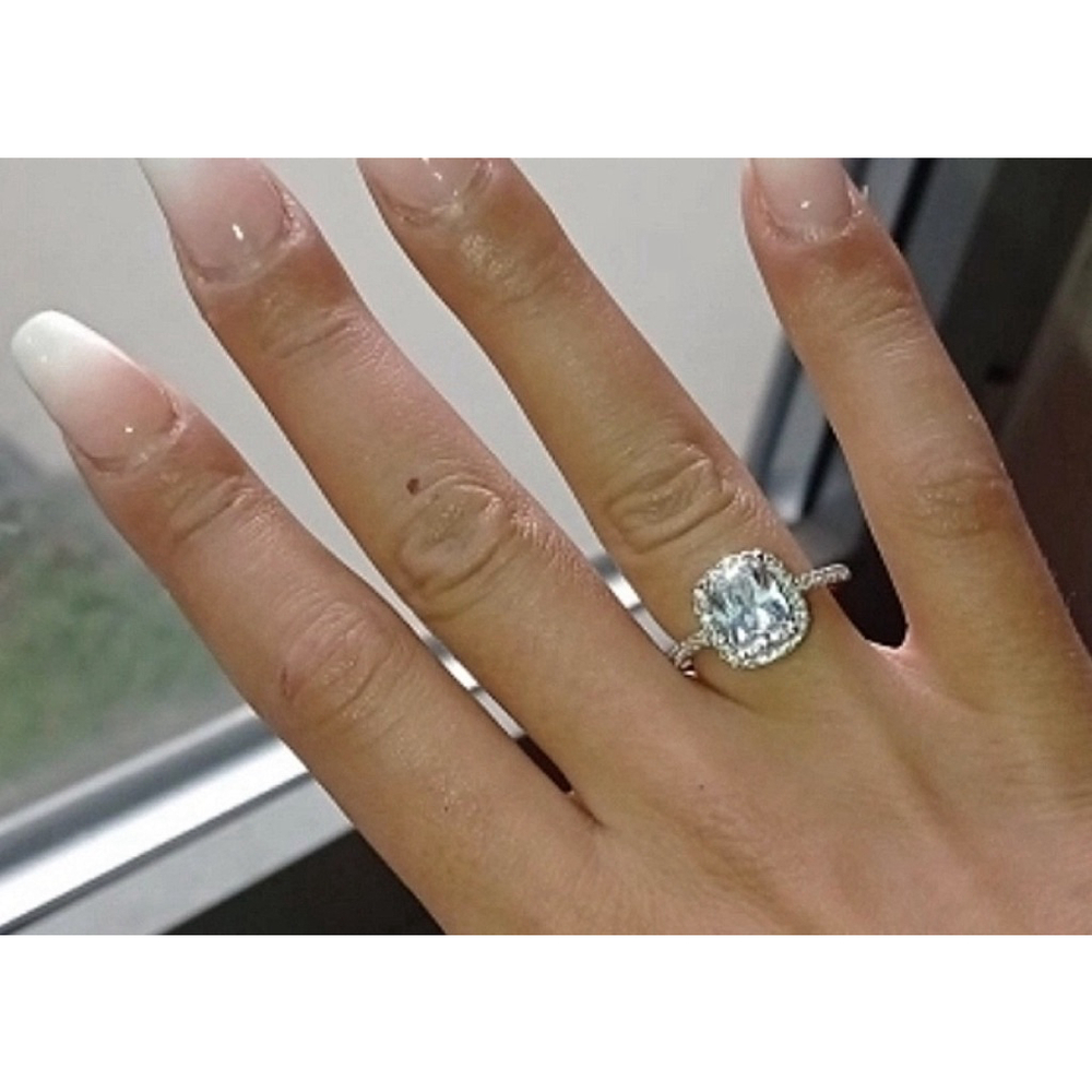 6ct Cushion Cut Halo Engagement Ring | 925 Sterling Silver Platinum - Picture 10 of 16